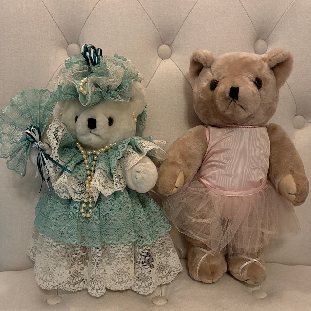 14” Vintage Teddy Bears in Mint Green Lace Dress & Pink Tutu